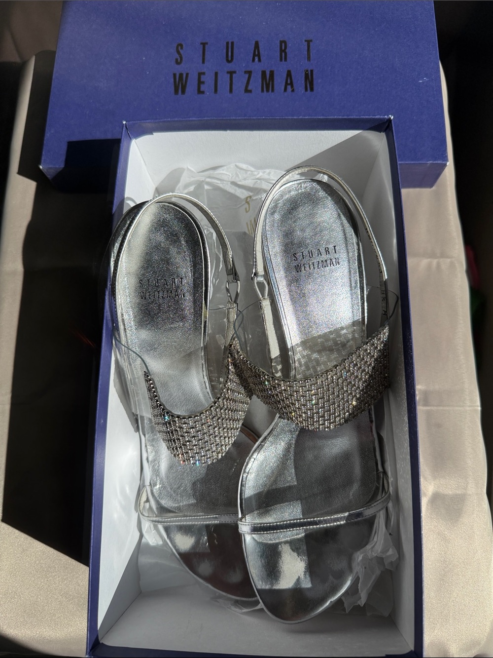 Stuart Weitzman Silver Crystal-Embellished Slingback Sandals